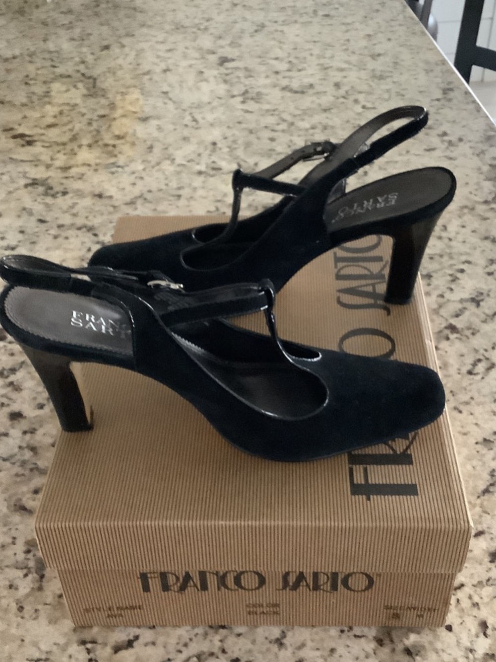 Franco Sarto Black Suede T-Strap Slingback Heels